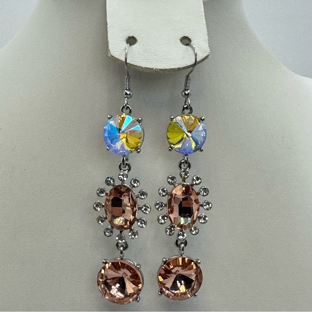 Silver Crystal Drop Earrings AB Rhinestone Peach Champagne Dangle Glam Bling